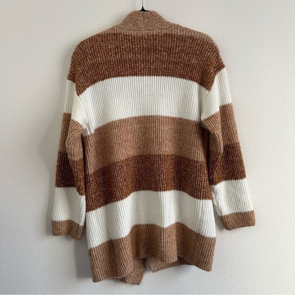 NINE WEST Brown Tan Colorblock Striped Open Front Cardigan Small - Picture 2 of 8